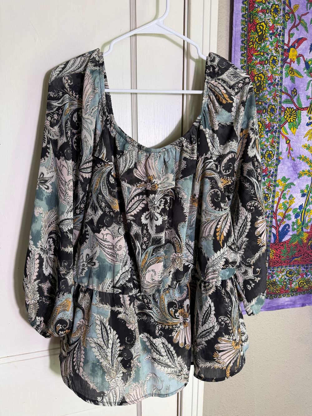 Maurices 0X Boho Paisley Peasant Blouse Teal Black Square Neck Long Sleeve